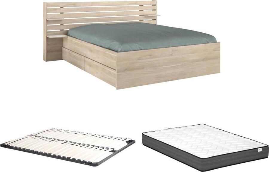 Vente-unique Bed met opbergruimte – 160 x 200 cm – houtlook + bedbodem + matras TENALIA II L 222.8 cm x H 98.2 cm x D 216.8 cm