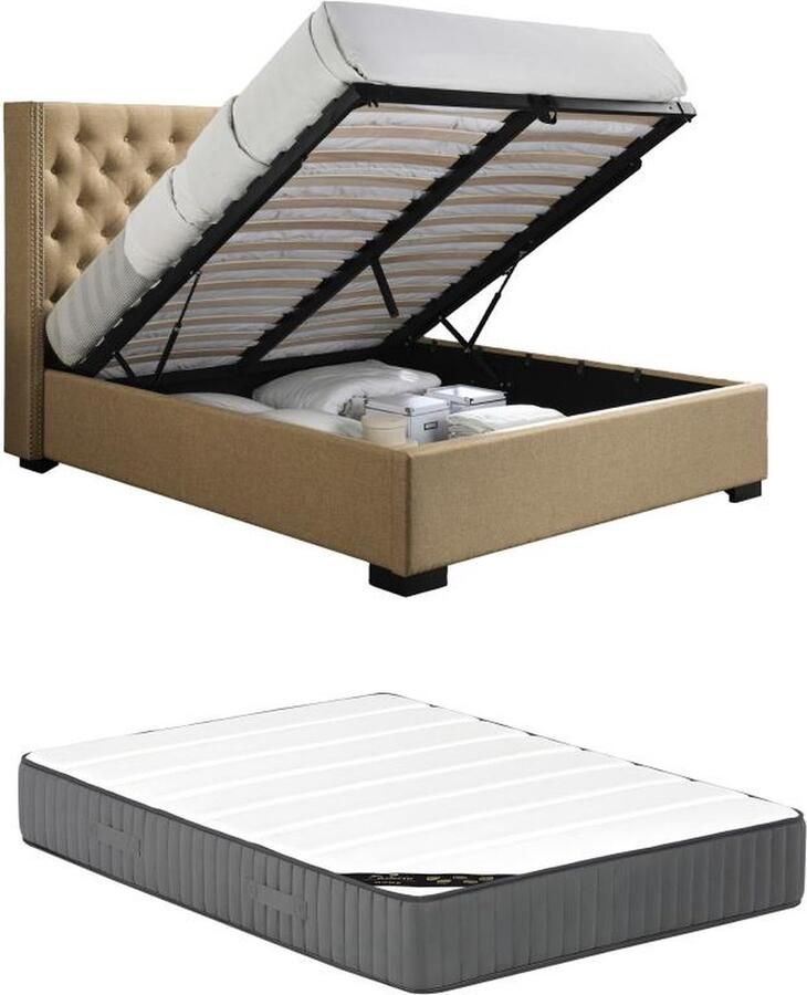 Vente-unique Bed met opbergruimte – 160 x 200 cm – Met gecapitonneerd hoofdbord – Stof – Beige – Met matras – MASSIMO L 177 cm x H 142.5 cm x D 214.5 cm