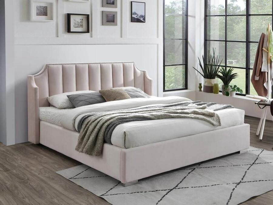 Vente-unique Bed met opbergruimte 160 x 200 cm met hoofdbord met inkeping Velours Roze + matras TEOMIS L 184 cm x H 122.5 cm x D 216 cm - Foto 3