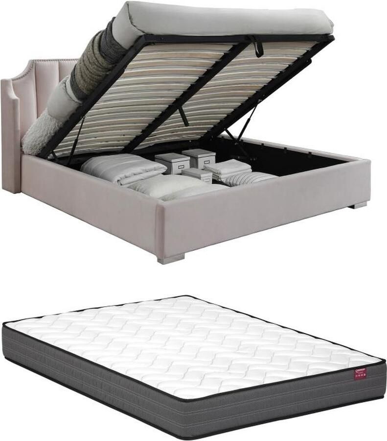 Vente-unique Bed met opbergruimte 160 x 200 cm met hoofdbord met inkeping Velours Roze + matras TEOMIS L 184 cm x H 122.5 cm x D 216 cm