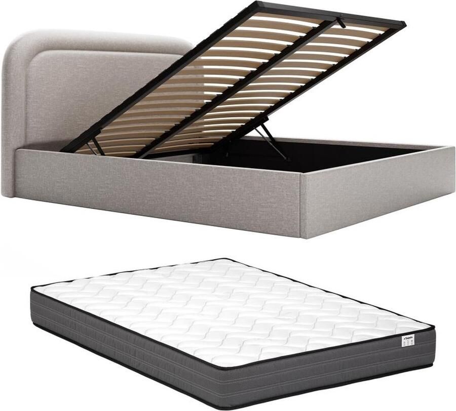 Vente-unique Bed met opbergruimte 180 x 200 cm met hoofdbord met inkeping Velours Lichtgrijs + matras TEOMIS L 204 cm x H 122.5 cm x D 216 cm