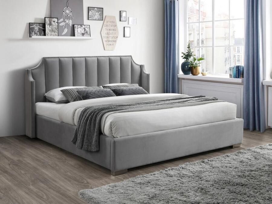 Vente-unique Bed met opbergruimte 160 x 200 cm met hoofdbord met inkeping Velours Lichtgrijs + matras TEOMIS L 184 cm x H 122.5 cm x D 216 cm - Foto 3