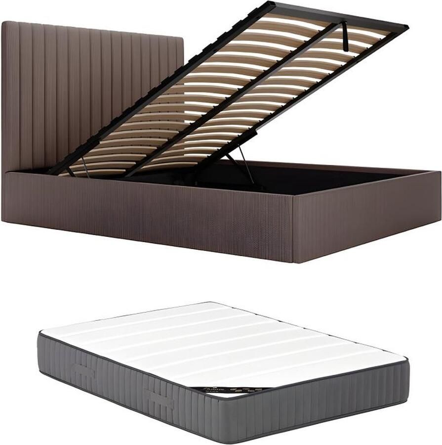 Vente-unique Bed met opbergruimte 160 x 200 cm met hoofdbord met verticale stiksels Ribfluweel Taupegrijs + matras SARAH L 170 cm x H 120 cm x D 214 cm