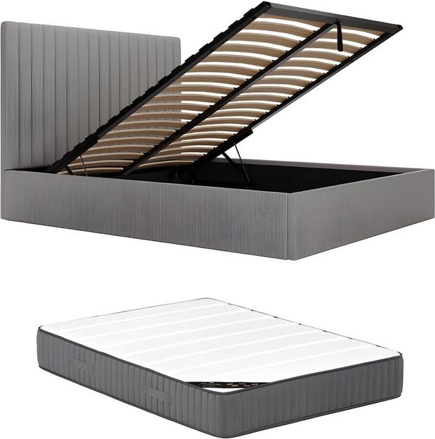 Vente-unique Bed met opbergruimte 180 x 200 cm met hoofdbord met verticale stiksels Ribfluweel Grijs + matras SARAH L 190 cm x H 120 cm x D 214 cm