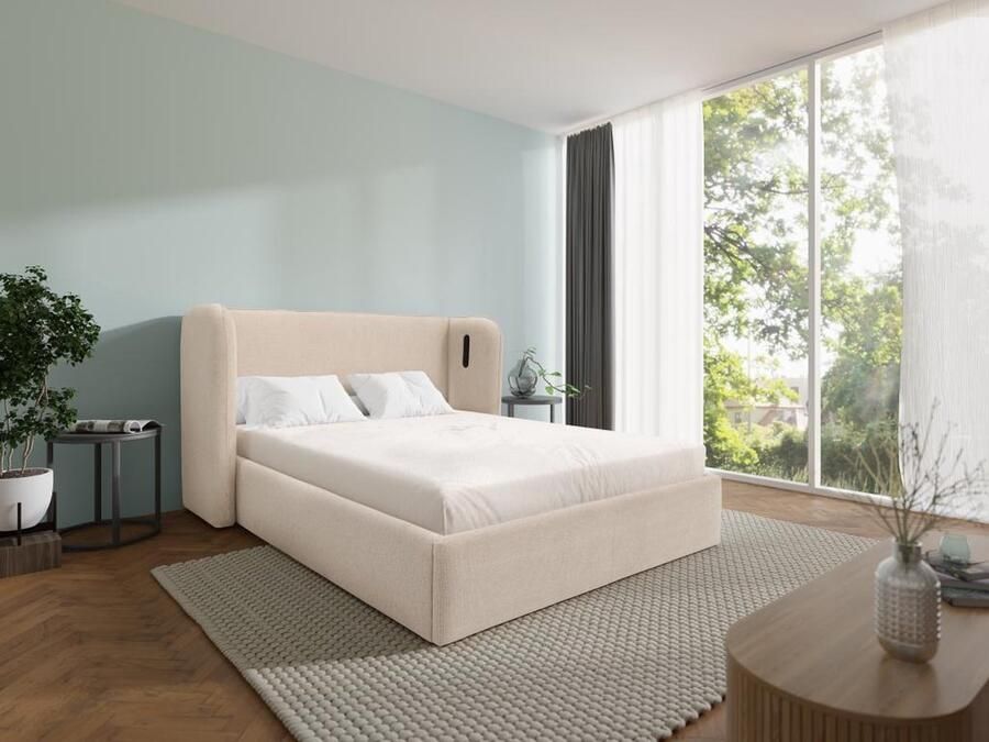 Vente-unique Bed met opbergruimte 180 x 200 cm met ingekeept hoofdbord Met ledverlichting Beige STOKALI L 215 cm x H 113 cm x D 215 cm