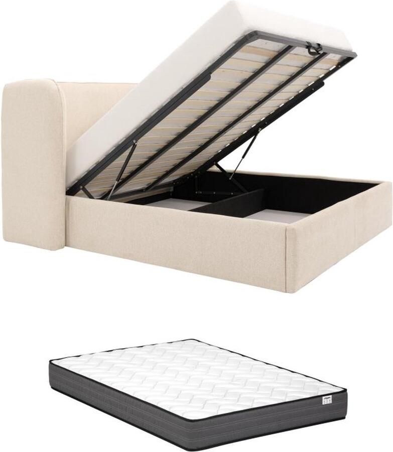 Vente-unique Bed met opbergruimte 180 x 200 cm met ingekeept hoofdbord Met ledverlichting Stof Beige + matras STOKALI L 215 cm x H 113 cm x D 215 cm