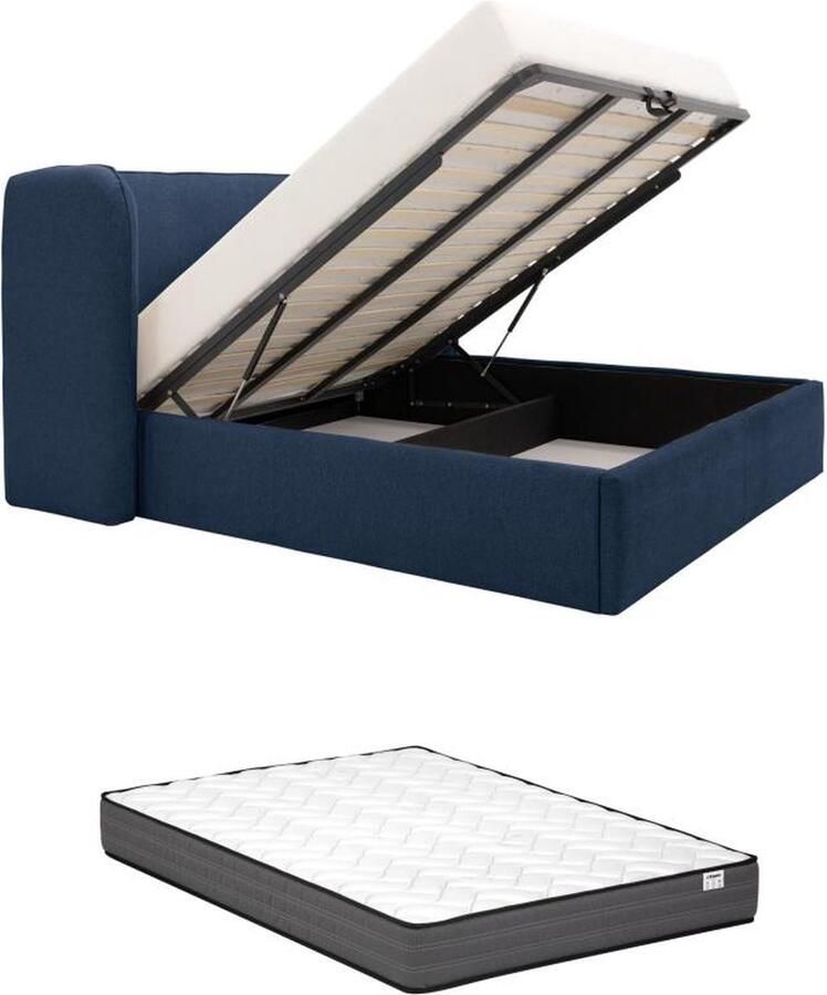 Vente-unique Bed met opbergruimte 180 x 200 cm met ingekeept hoofdbord Met ledverlichting Stof Blauw + matras STOKALI L 215 cm x H 113 cm x D 215 cm