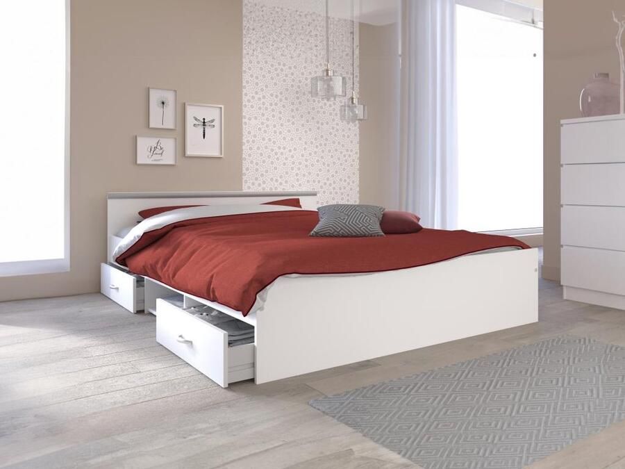 Vente-unique Tweepersoonsbed met opbergruimte 2 laden en een niche 140 x 190 cm wit L 145.8 cm x H 58.9 cm x D 193 cm - Foto 2