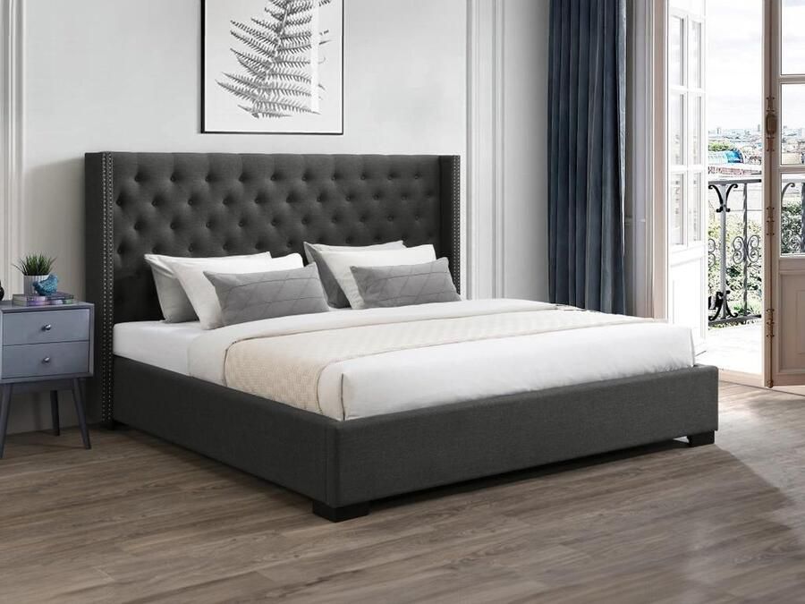 Vente-unique Bed 200 x 200 cm met hoofdbord met capitons Stof Grijs + matras MASSIMO L 223.5 cm x H 141.5 cm x D 215.5 cm - Foto 2