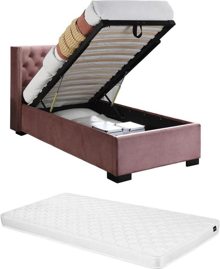 Vente-unique Bed met opbergruimte – 90 x 200 cm – Met gecapitonneerd hoofdbord – Fluweel – Roze – Met matras – MASSIMO L 214.5 cm x H 111 cm x D 107.5 cm