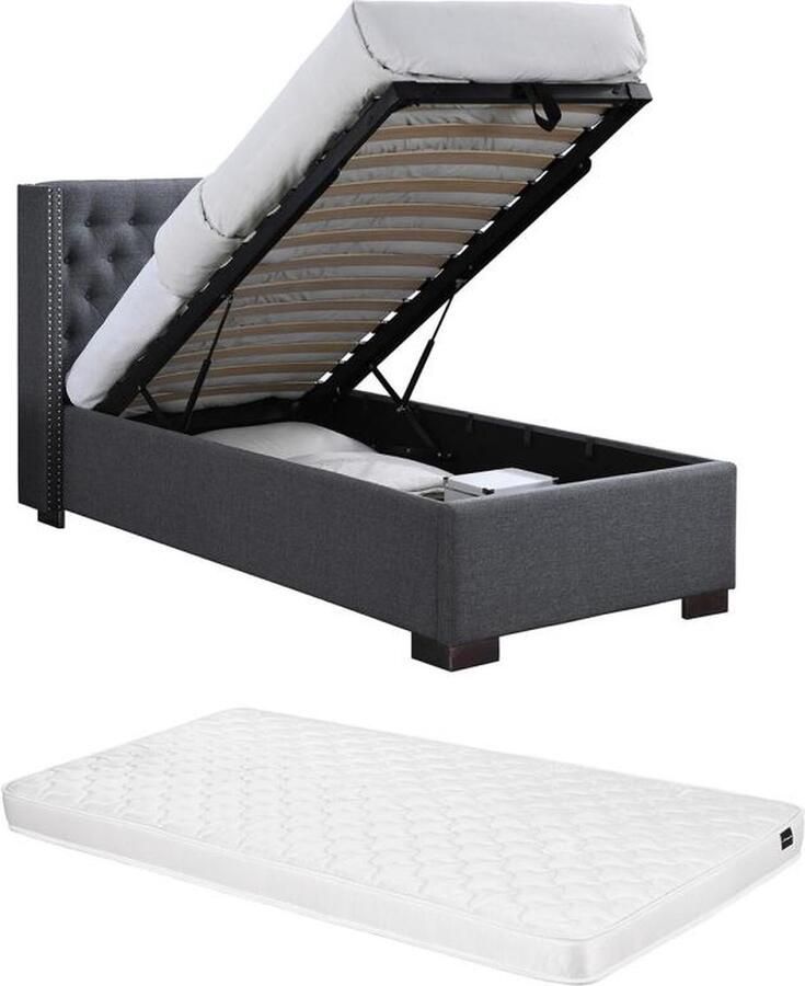 Vente-unique Bed met opbergruimte – 90 x 200 cm – Met gecapitonneerd hoofdbord – Stof – Grijs – Met matras – MASSIMO L 214.5 cm x H 111 cm x D 107.5 cm