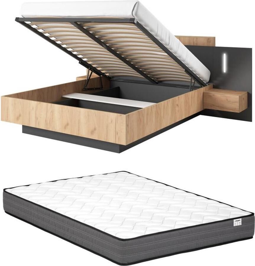 Vente-unique Bed met opbergruimte en nachtkastjes – 160 x 200 cm – 2 lades – Ledverlichting – Kleuren: houteffect en antraciet – Met matras – FRANCOLI L 264.4 cm x H 102 cm x D 218.2 cm