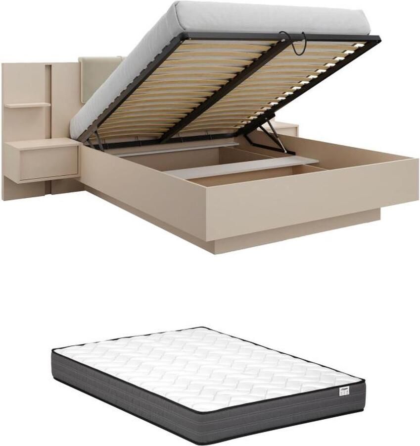 Vente-unique Bed met opbergruimte en nachtkastjes – 160 x 200 cm – Ledverlichting – beige – Met matras – ELYNIA L 256.4 cm x H 104.4 cm x D 210 cm