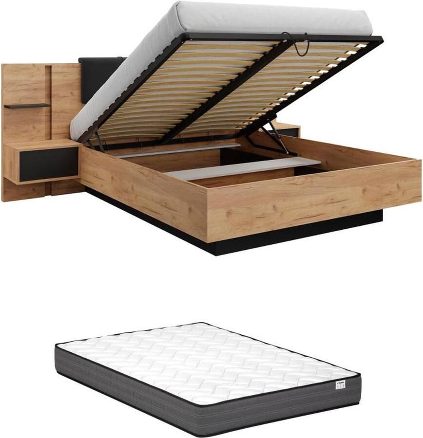 Vente-unique Bed met opbergruimte en nachtkastjes – 160 x 200 cm – Ledverlichting – houtlook en antraciet – Met matras — ELYNIA L 256.4 cm x H 104.4 cm x D 210 cm