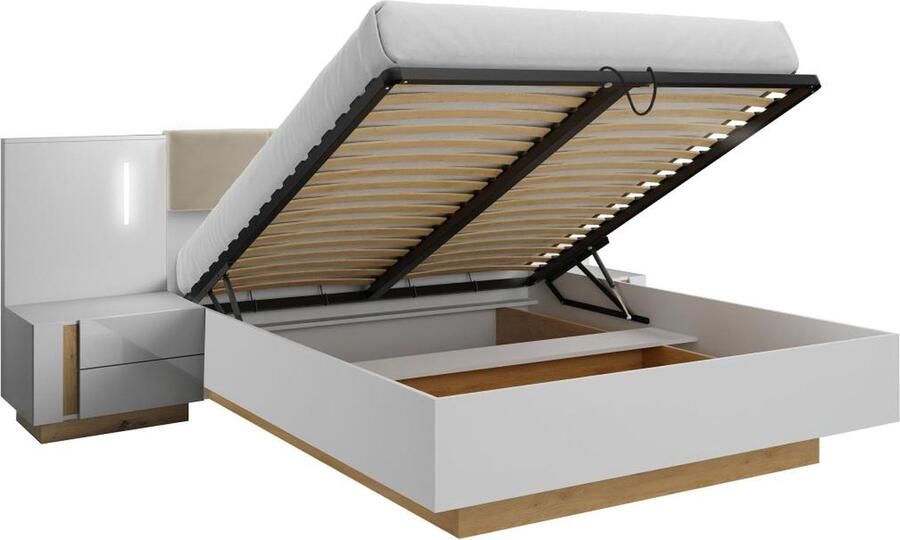 Vente-unique Bed met opbergruimte en nachtkastjes – 160 x 200 cm – Ledverlichting – Wit en houtlook – MURARI L 284.4 cm x H 104.5 cm x D 210.4 cm