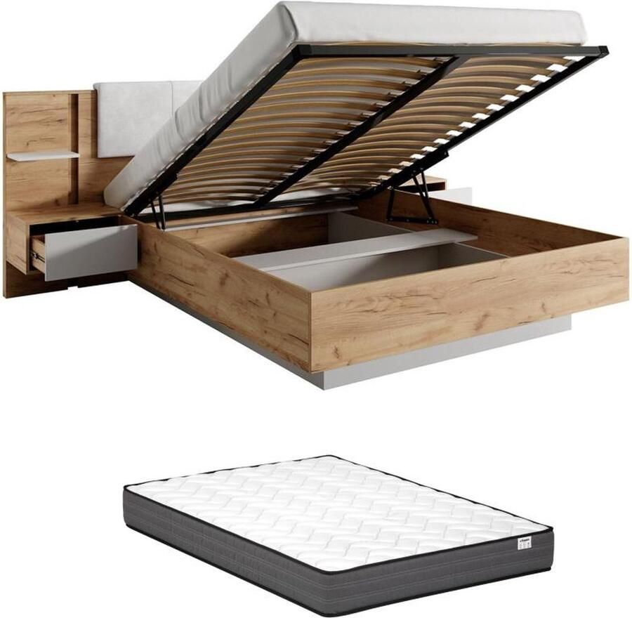 Vente-unique Bed met opbergruimte en nachtkastjes 160 x 200 cm Met ledverlichting houtlook en wit + matras ELYNIA L 256.4 cm x H 104.4 cm x D 210 cm