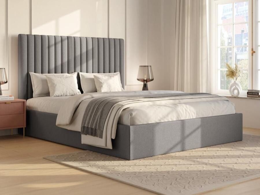 Vente-unique Bed met opbergruimte 180 x 200 cm met hoofdbord met verticale stiksels Ribfluweel Grijs + matras SARAH L 190 cm x H 120 cm x D 214 cm - Foto 2