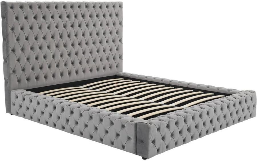 Vente-unique Bed met opbergruimte Chesterfield 180 x 200 cm Velours Grijs DULENI L 213 cm x H 138 cm x D 230 cm - Foto 2