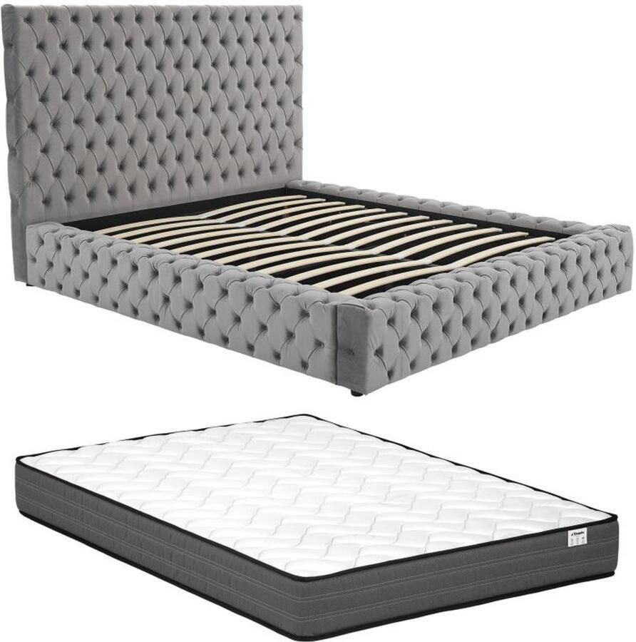 Vente-unique Bed met opbergruimte Chesterfield 160 x 200 cm Velours Grijs + matras DULENI L 192 cm x H 138 cm x D 230 cm
