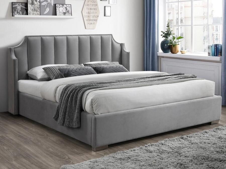 Vente-unique Bed met opbergruimte 180 x 200 cm met gebogen hoofdbord Velours Lichtgrijs TEOMIS L 204 cm x H 122.5 cm x D 216 cm - Foto 2