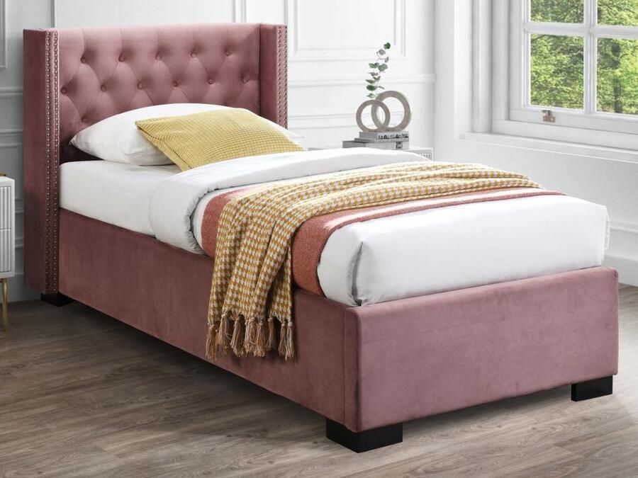 Vente-unique Bed met opbergruimte – 90 x 200 cm – Met gecapitonneerd hoofdbord – Fluweel – Roze – Met matras – MASSIMO L 214.5 cm x H 111 cm x D 107.5 cm - Foto 2