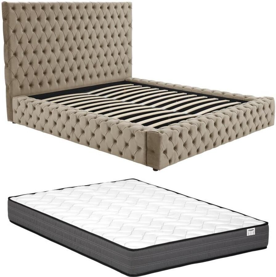 Vente-unique Bed met opbergruimte Chesterfield 160 x 200 cm Velours Grijs + matras DULENI L 192 cm x H 138 cm x D 230 cm