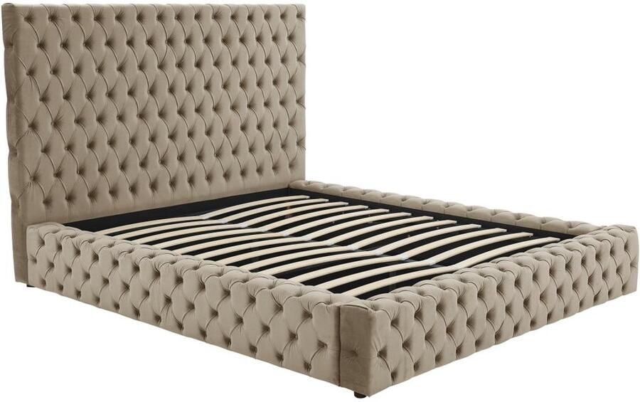 Vente-unique Bed met opbergruimte Chesterfield 160 x 200 cm Velours Taupegrijs DULENI L 192 cm x H 138 cm x D 230 cm