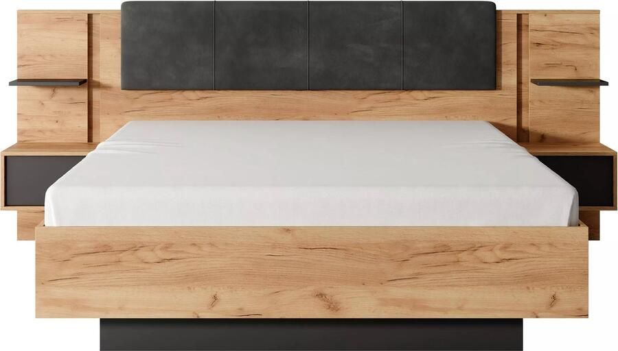 Vente-unique Bed met opbergruimte en nachtkastjes – 160 x 200 cm – Ledverlichting – Kleuren: houtlook en antraciet – ELYNIA L 256.4 cm x H 104.4 cm x D 210 cm - Foto 3
