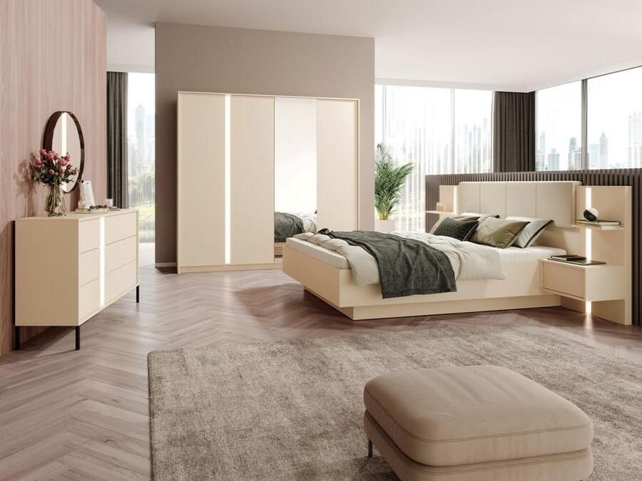Vente-unique Bed met nachtkastjes 160 x 200 cm Met ledverlichting beige + bedbodem + matras ELYNIA L 256.4 cm x H 104.4 cm x D 210 cm - Foto 3