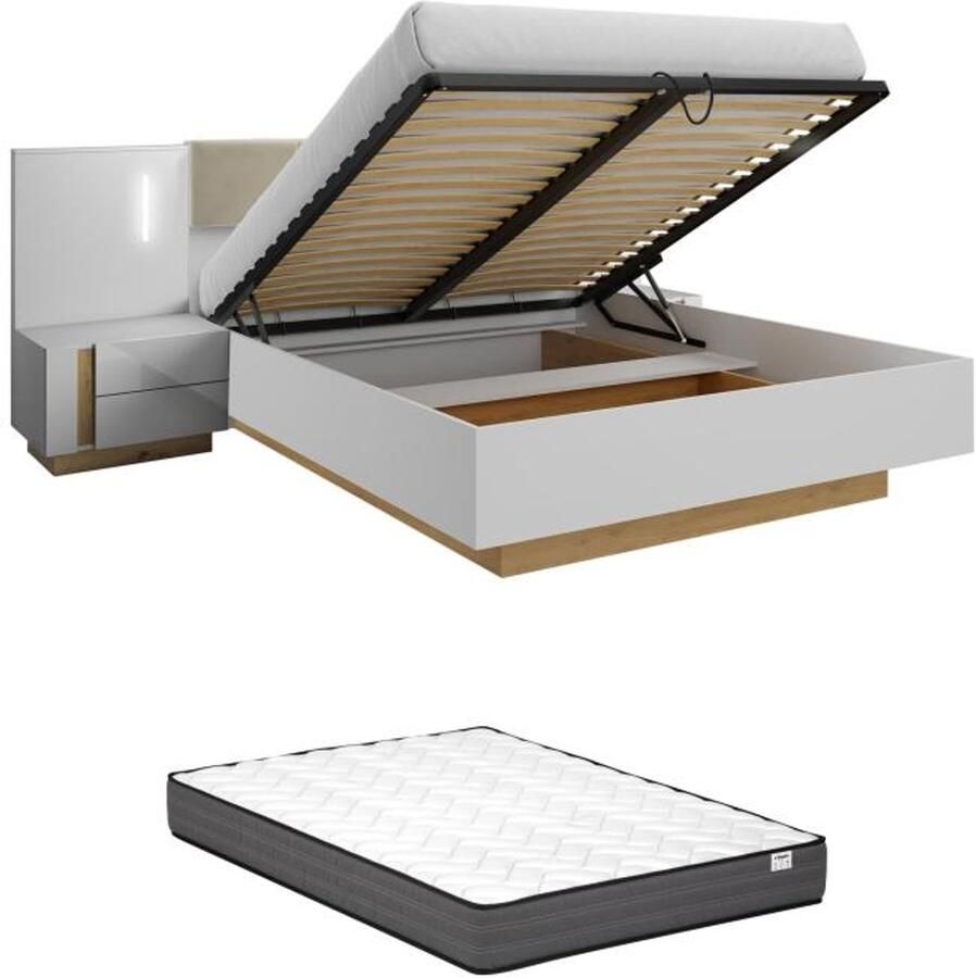 Vente-unique Bed met opbergruimte en nachtkastjes – 160 x 200 cm – Met ledverlichting – Wit en houtlook – Met matras – MURARI L 284.4 cm x H 104.5 cm x D 210.4 cm