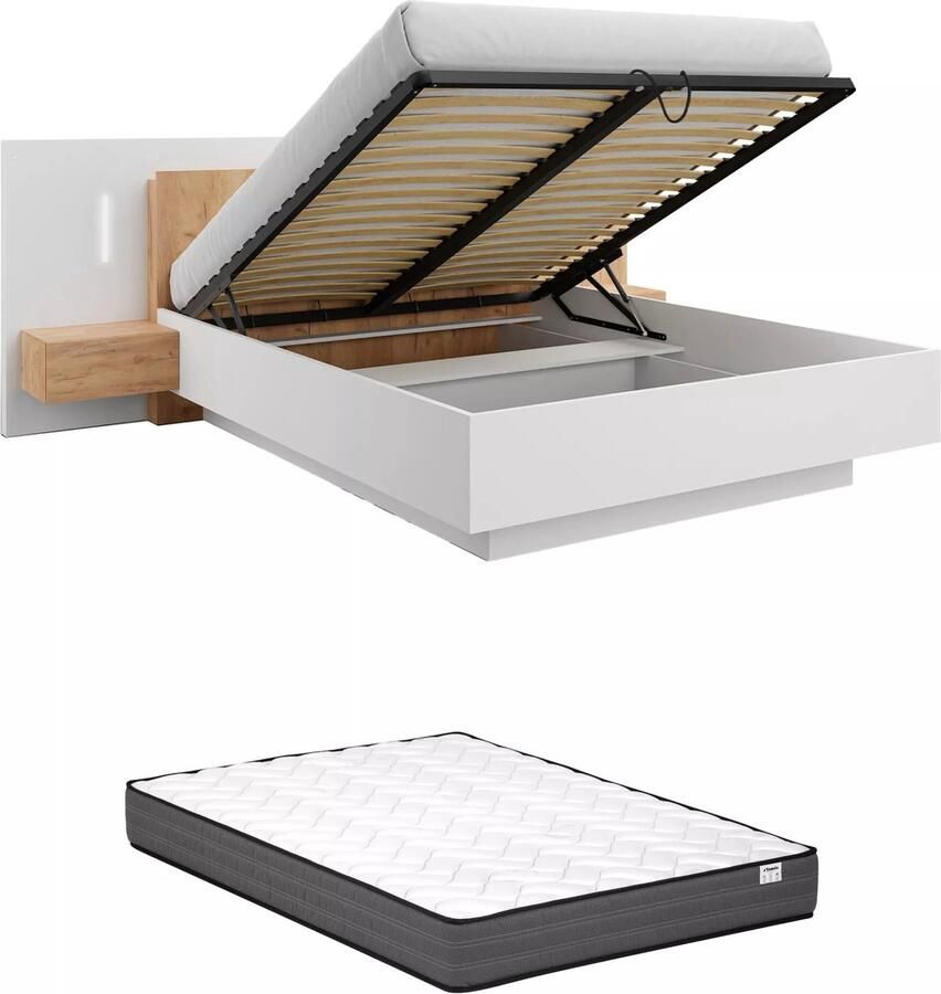 Vente-unique Bed met opbergruimte en nachtkastjes – 160 x 200 cm – 2 lades – Ledverlichting – Kleuren: wit en houteffect – Met matras – FRANCOLI L 264.4 cm x H 102 cm x D 218.2 cm