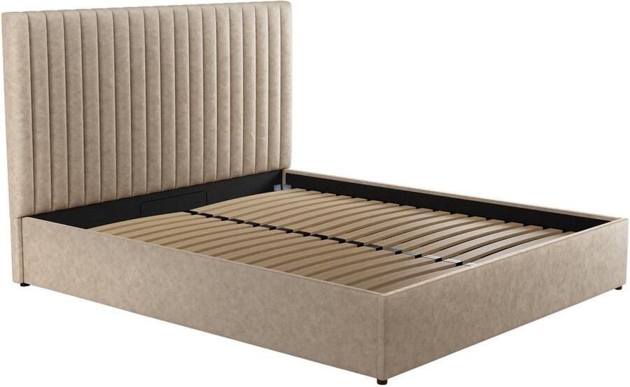 Vente-unique Bed met opbergruimte met hoofdbord met verticale stiksels 180 x 200 cm Stof Beige SARAH L 190 cm x H 120 cm x D 214 cm - Foto 5