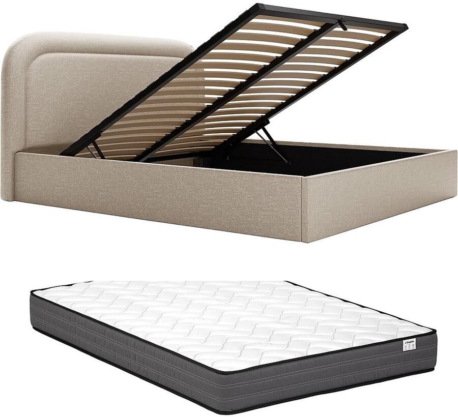 Vente-unique Bed met opbergruimte 140 x 190 cm Gevlamde stof Beige + matras FIREZA L 152 cm x H 90 cm x D 212 cm - Foto 2