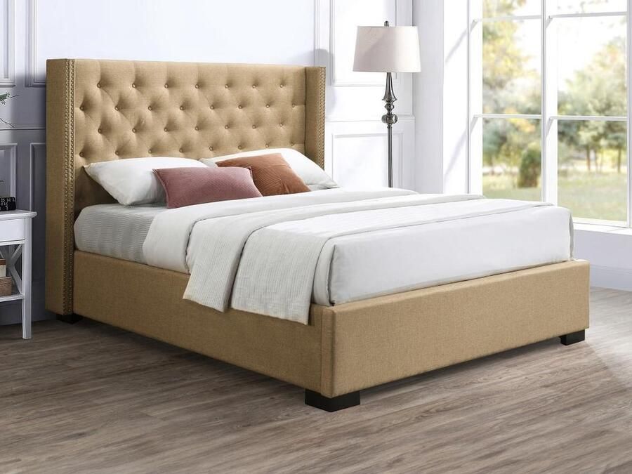 Vente-unique Bed met opbergruimte – 160 x 200 cm – Met gecapitonneerd hoofdbord – Stof – Beige MASSIMO L 177 cm x H 142.5 cm x D 214.5 cm - Foto 2