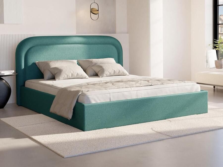 Vente-unique Bed met opbergruimte 160 x 200 cm Gevlamde stof Blauwgroen + matras FIREZA L 172 cm x H 90 cm x D 215 cm