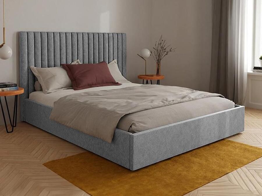 Vente-unique Bed met opbergruimte met hoofdbord met verticale stiksels 180 x 200 cm Stof Grijs SARAH L 190 cm x H 120 cm x D 214 cm