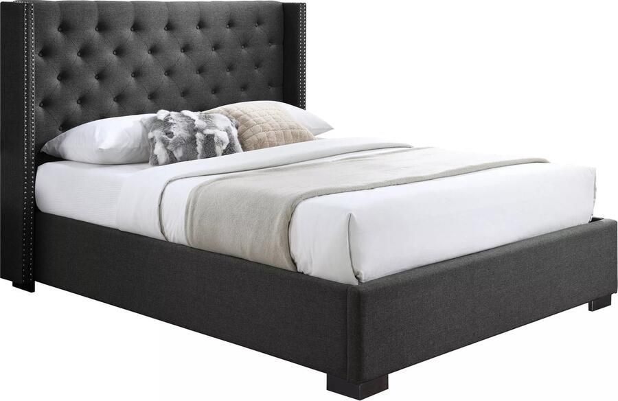 Vente-unique Bed met opbergruimte 180 x 200 cm met hoofdbord met capitons Stof Grijs MASSIMO L 197 cm x H 142.5 cm x D 214.5 cm