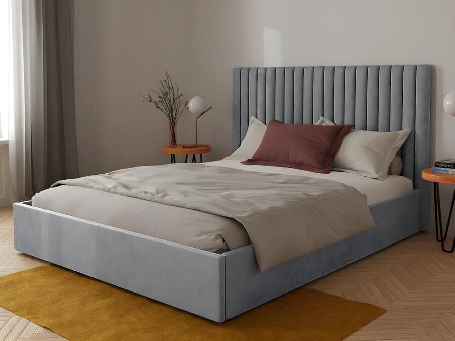 Vente-unique Bed met opbergruimte 140 x 190 cm met hoofdbord met stiksels Stof Grijs + matras SARAH L 153 cm x H 120 cm x D 209 cm - Foto 2