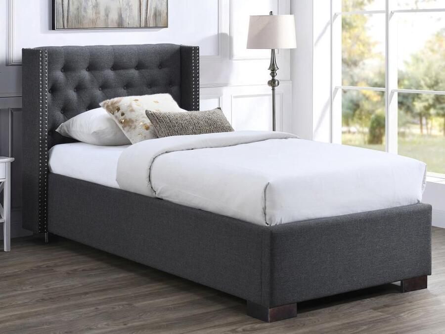 Vente-unique Bed met opbergruimte – 90 x 200 cm – Met gecapitonneerd hoofdbord – Stof – Grijs – Met matras – MASSIMO L 214.5 cm x H 111 cm x D 107.5 cm - Foto 3