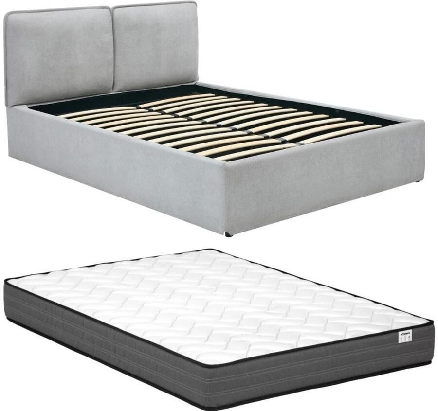 Vente-unique Bed met opbergruimte 140 x 190 cm Gevlamde stof Lichtgrijs + matras FIREZA L 152 cm x H 90 cm x D 212 cm - Foto 2