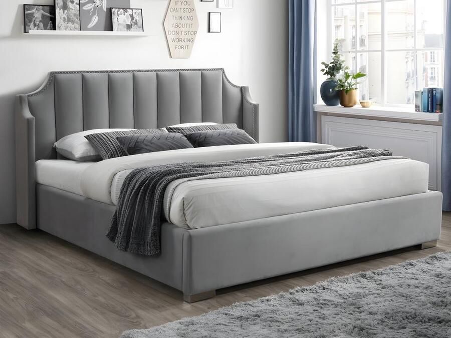 Vente-unique Bed met opbergruimte 160 x 200 cm met hoofdbord met inkeping Velours Lichtgrijs + matras TEOMIS L 184 cm x H 122.5 cm x D 216 cm - Foto 2