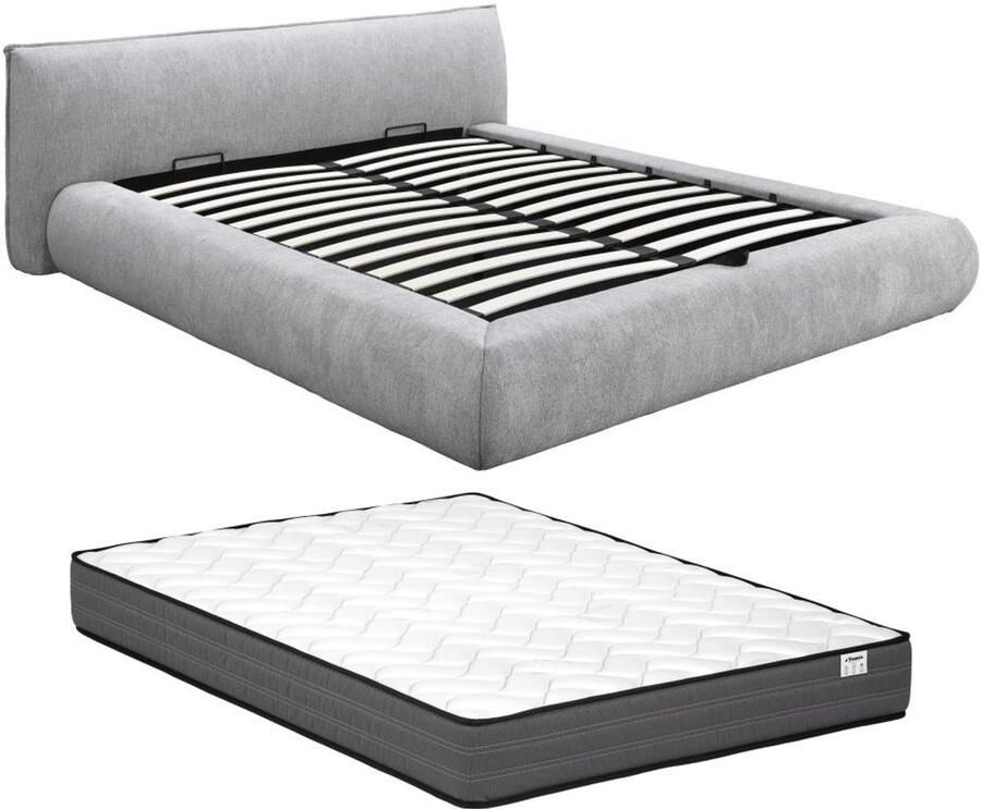 Vente-unique Bed met opbergruimte 180 x 200 cm met hoofdbord met inkeping Velours Lichtgrijs + matras TEOMIS L 204 cm x H 122.5 cm x D 216 cm - Foto 2