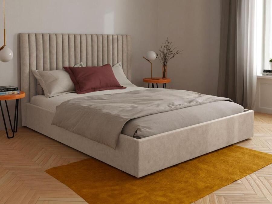 Vente-unique Bed met opbergruimte met hoofdbord met verticale stiksels SARAH 140 x 190 cm Stof Beige L 153 cm x H 120 cm x D 209 cm - Foto 2