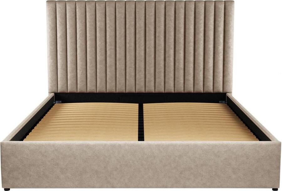 Vente-unique Bed met opbergruimte met hoofdbord met verticale stiksels 180 x 200 cm Stof Beige SARAH L 190 cm x H 120 cm x D 214 cm - Foto 4