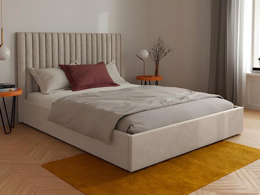 Vente-unique Bed met opbergruimte met hoofdbord met verticale stiksels 180 x 200 cm Stof Beige SARAH L 190 cm x H 120 cm x D 214 cm - Foto 3