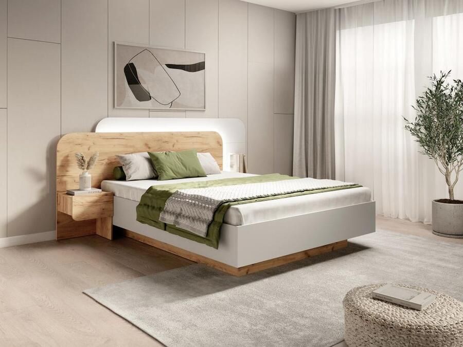 Vente-unique Bed met nachtkastjes 160 x 200 cm Met ledverlichting houtlook en wit – Met bedbodem – Met matras – DESADO L 245.2 cm x H 115.6 cm x D 208.8 cm - Foto 2