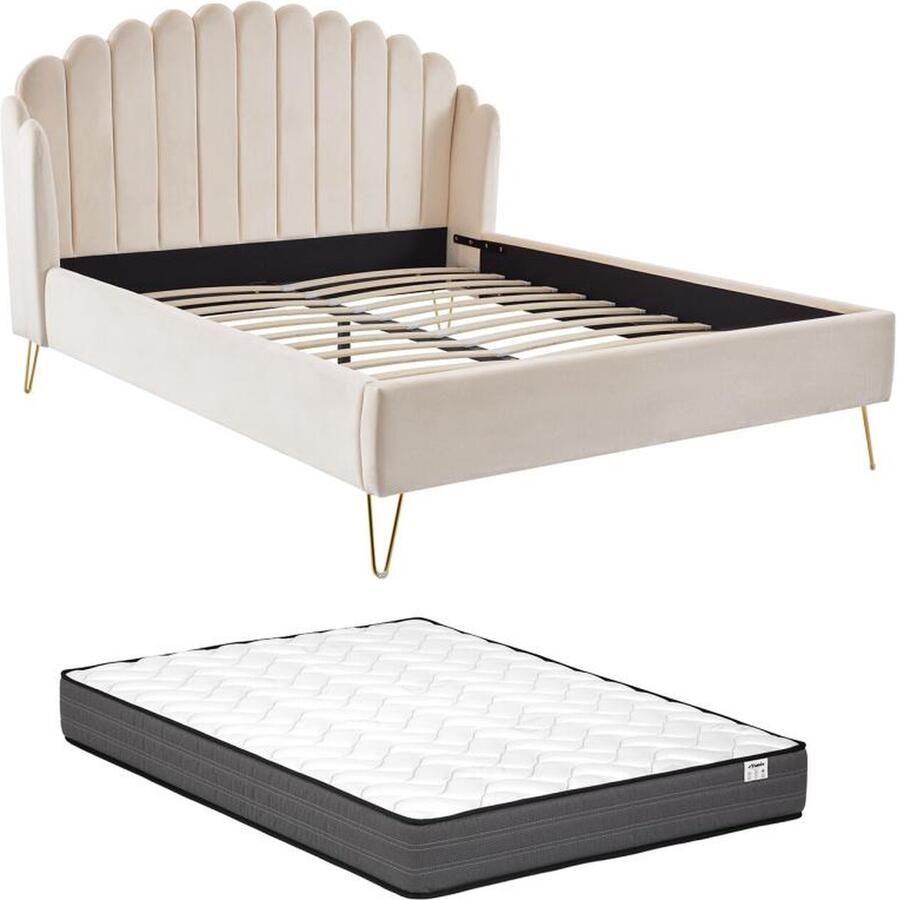 Vente-unique Bed van 160 x 200 cm met golvend hoofdbord Fluweel Beige + Matras SAGALI L 178 cm x H 126 cm x D 213 cm