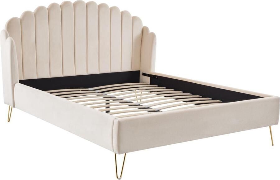 Vente-unique Bed van 160 x 200 cm met golvend hoofdbord Fluweel Beige SAGALI L 178 cm x H 126 cm x D 213 cm - Foto 2