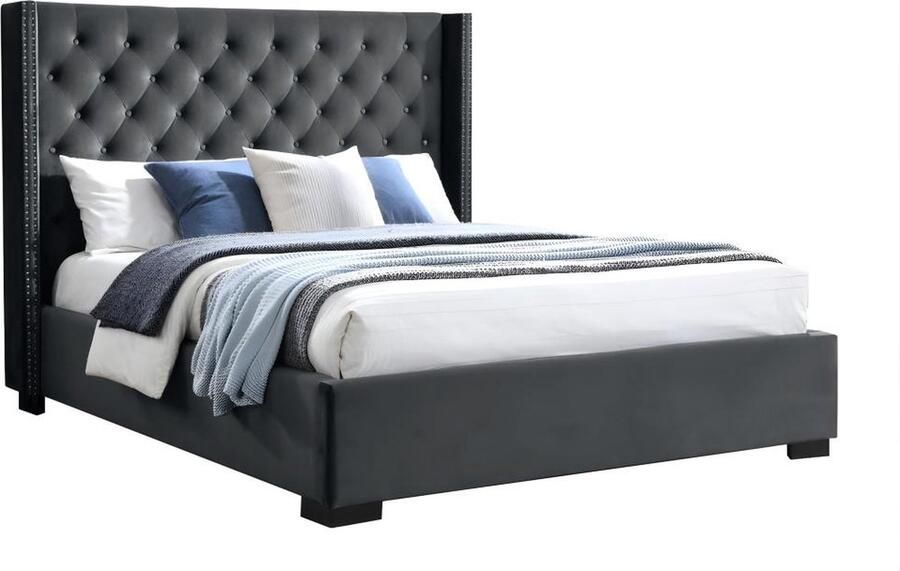 Vente-unique Bed MASSIMO gevoerd hoofdeinde 160 x 200 cm Fluweel Grijs L 183.5 cm x H 141.5 cm x D 215.5 cm - Foto 3