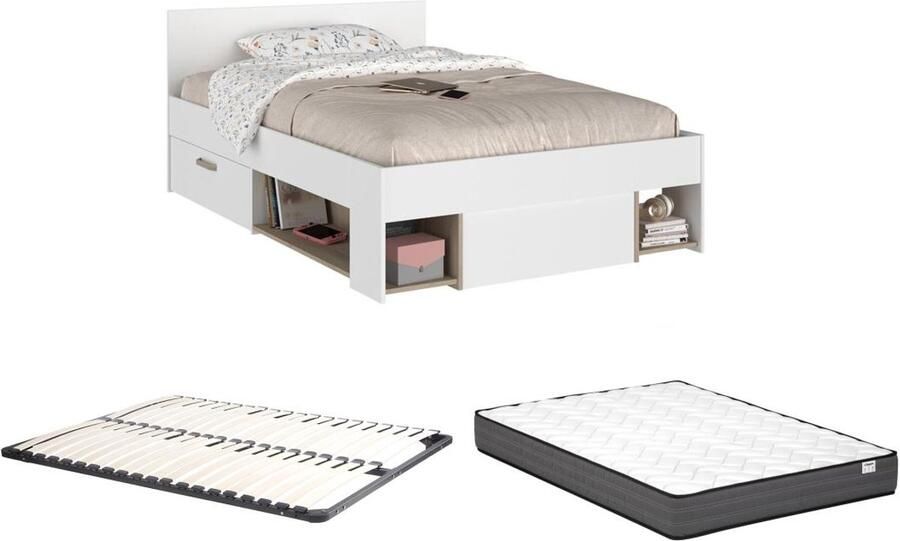 Vente-unique Bed met opbergruimte – 120 x 190 200 cm – Wit en houtlook – KINSELIA L 124 cm x H 76 cm x D 203.4 cm - Foto 3